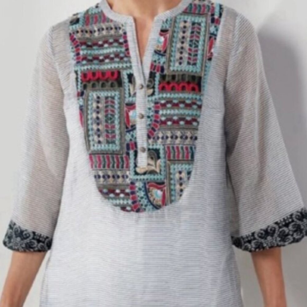 Soft Surroundings Embroidered Tunic Top Womens S Grey‎ Striped Boho 3/4 Sleeve
